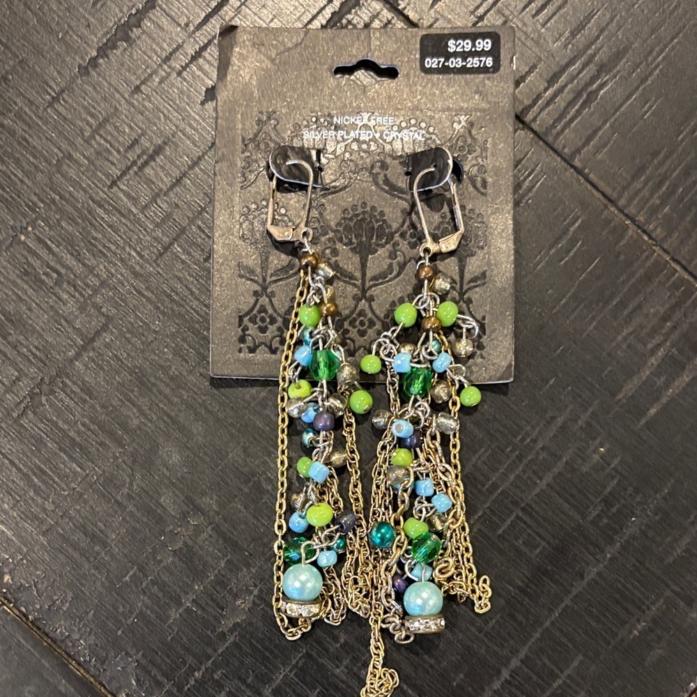 NWT Crystal BEADED Chain Drop Dangle Statement Earrings Boho